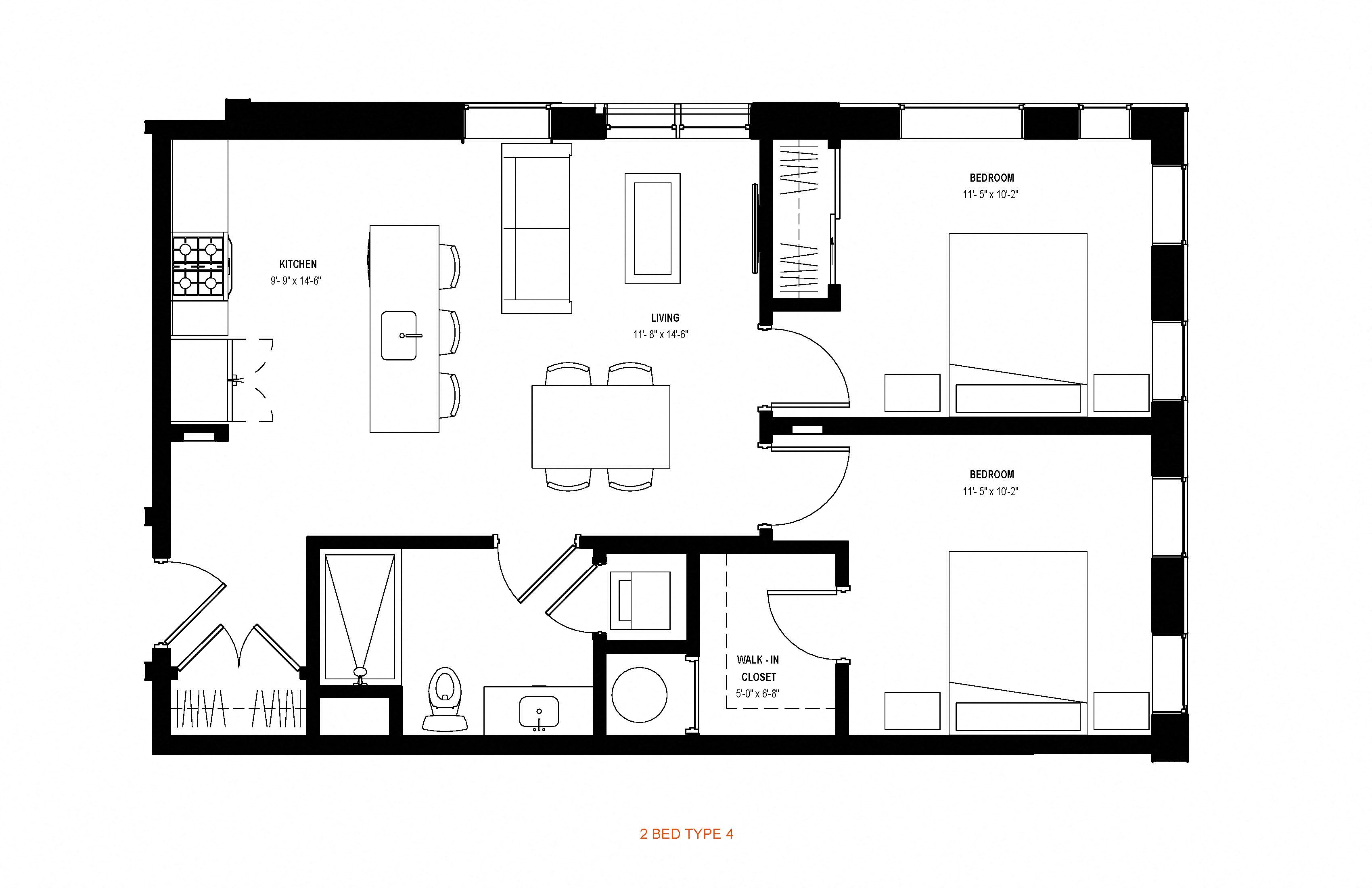Floor plan for 2 beds, 1 bath, 865 sqft